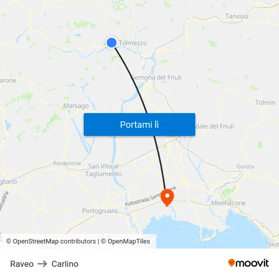 Raveo to Carlino map