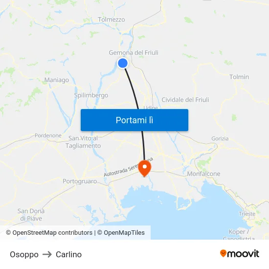 Osoppo to Carlino map