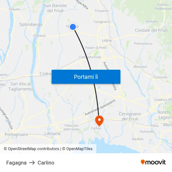 Fagagna to Carlino map