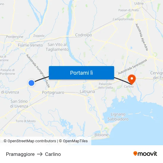 Pramaggiore to Carlino map