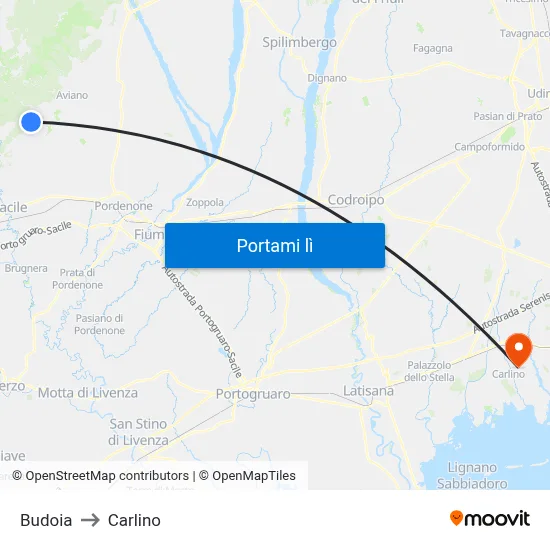 Budoia to Carlino map