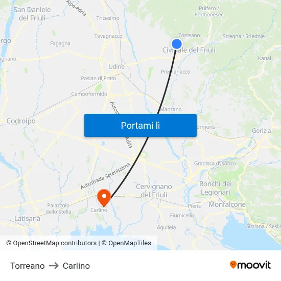 Torreano to Carlino map