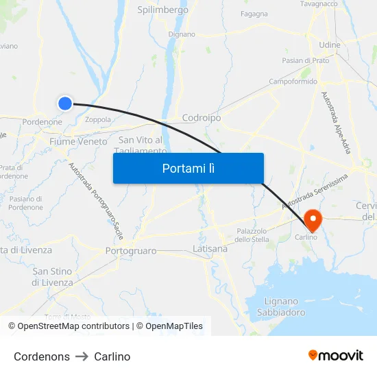 Cordenons to Carlino map