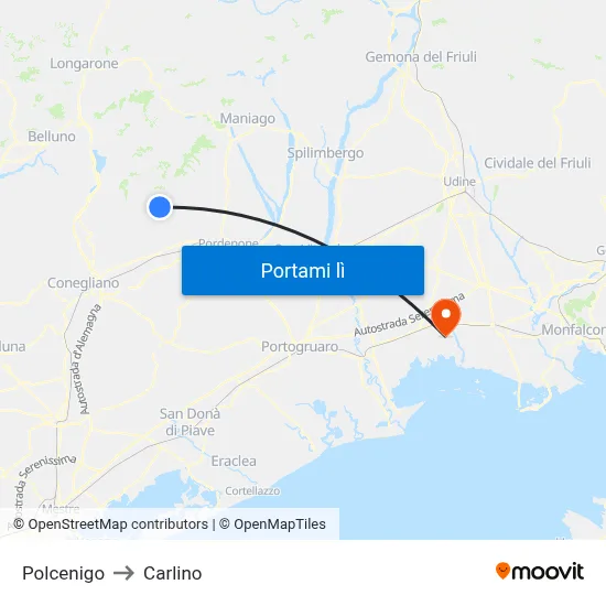 Polcenigo to Carlino map