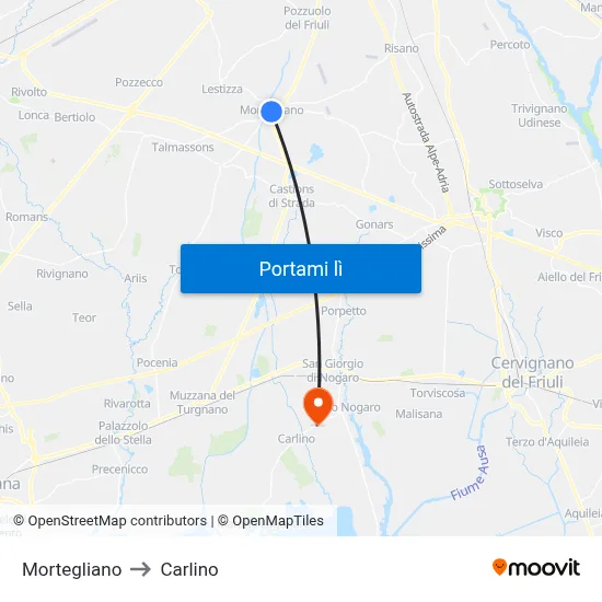 Mortegliano to Carlino map