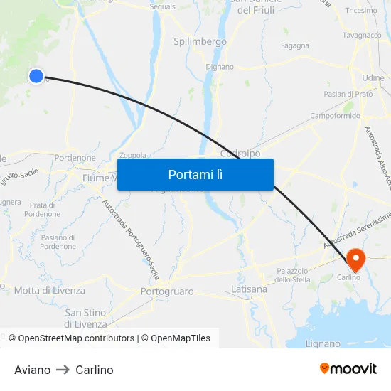 Aviano to Carlino map