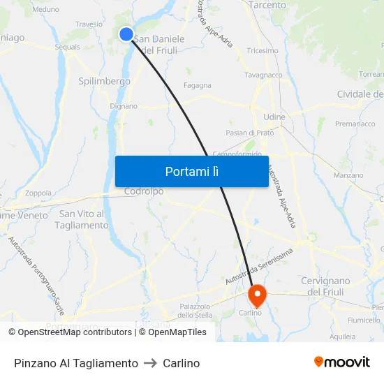 Pinzano Al Tagliamento to Carlino map