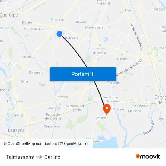 Talmassons to Carlino map