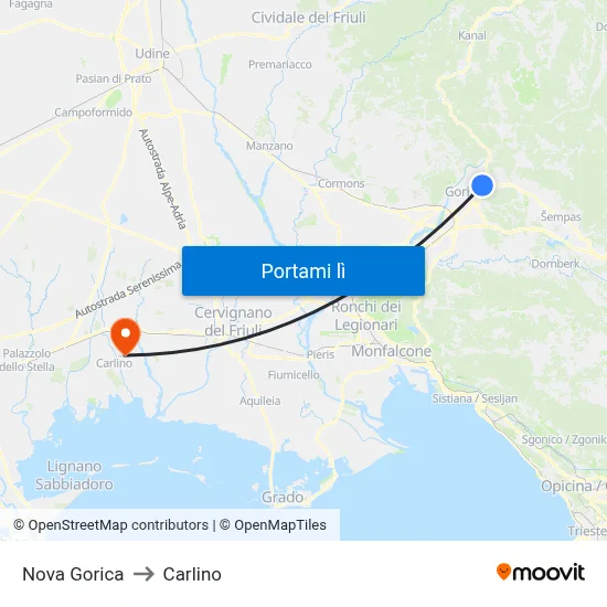 Nova Gorica to Carlino map