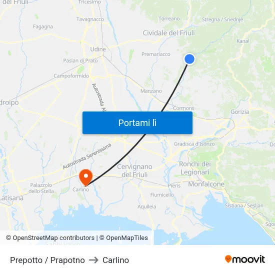 Prepotto / Prapotno to Carlino map