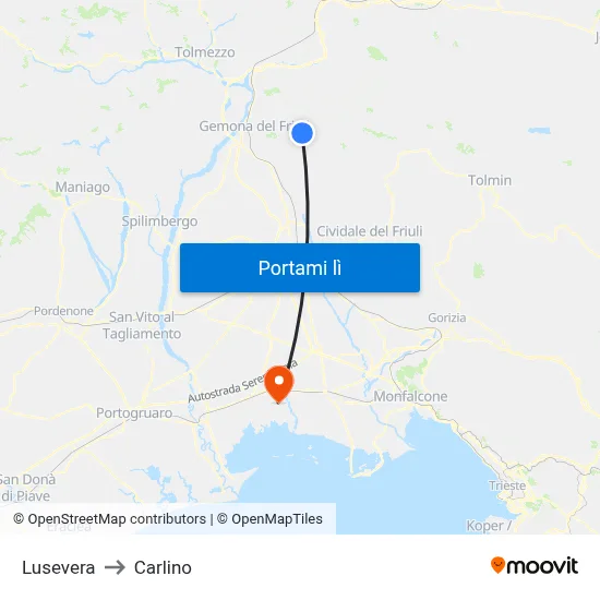 Lusevera to Carlino map