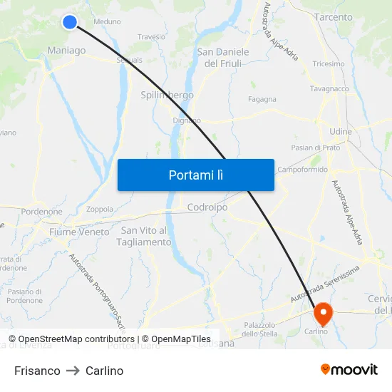 Frisanco to Carlino map