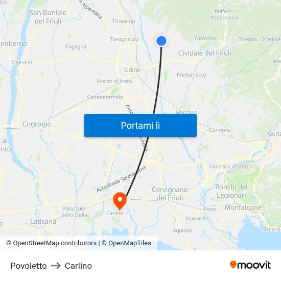 Povoletto to Carlino map