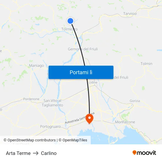 Arta Terme to Carlino map