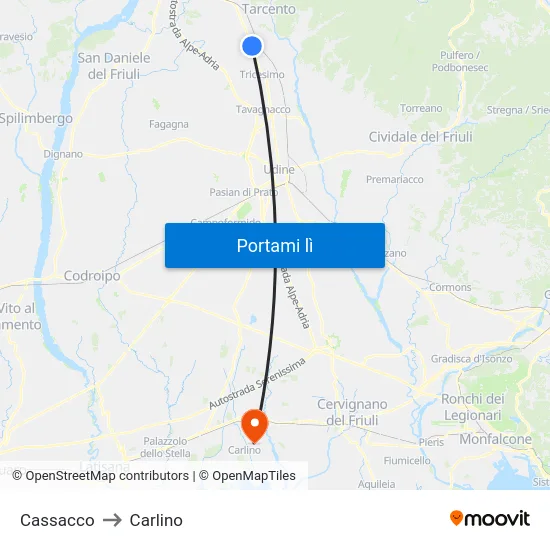 Cassacco to Carlino map