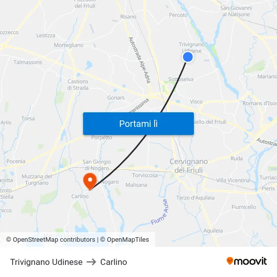 Trivignano Udinese to Carlino map
