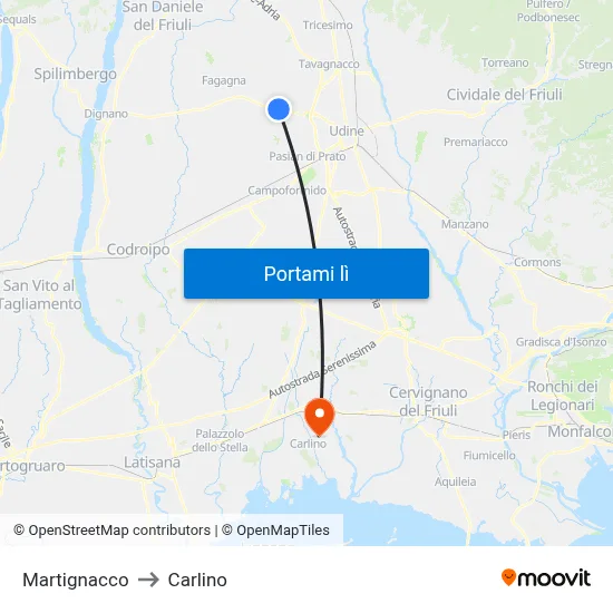 Martignacco to Carlino map