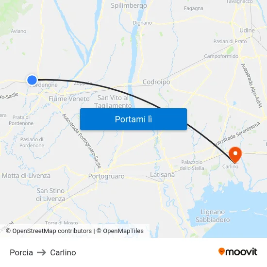 Porcia to Carlino map