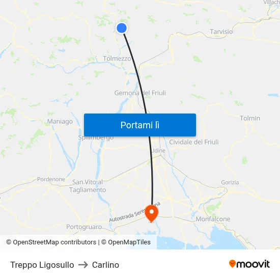 Treppo Ligosullo to Carlino map