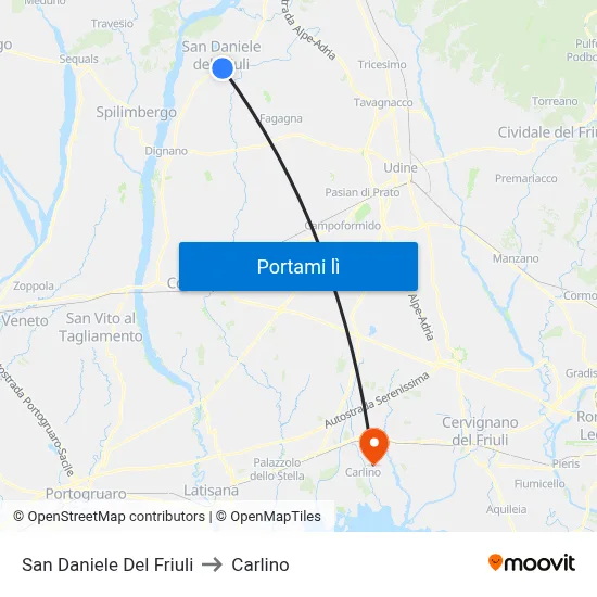San Daniele Del Friuli to Carlino map