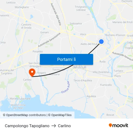 Campolongo Tapogliano to Carlino map