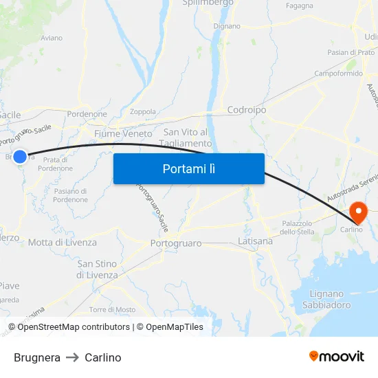 Brugnera to Carlino map