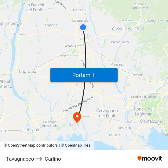 Tavagnacco to Carlino map