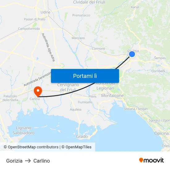Gorizia to Carlino map