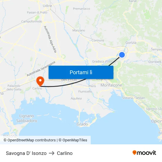 Savogna D' Isonzo to Carlino map