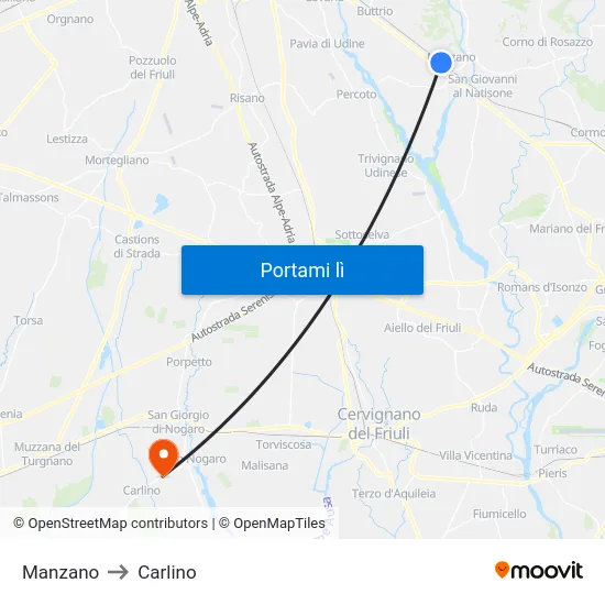 Manzano to Carlino map