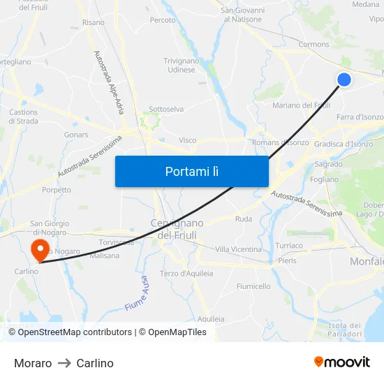 Moraro to Carlino map