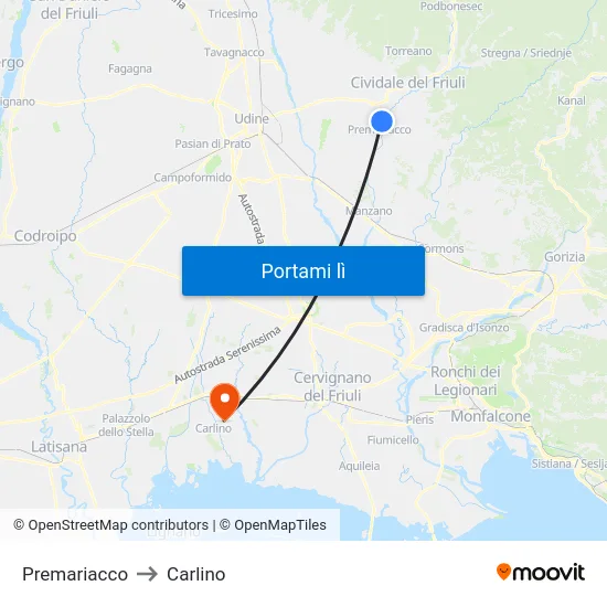 Premariacco to Carlino map