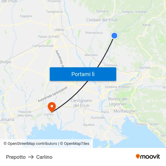 Prepotto to Carlino map