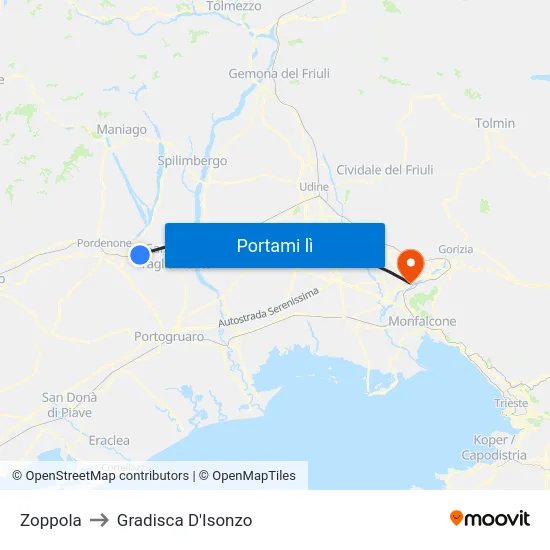 Zoppola to Gradisca D'Isonzo map