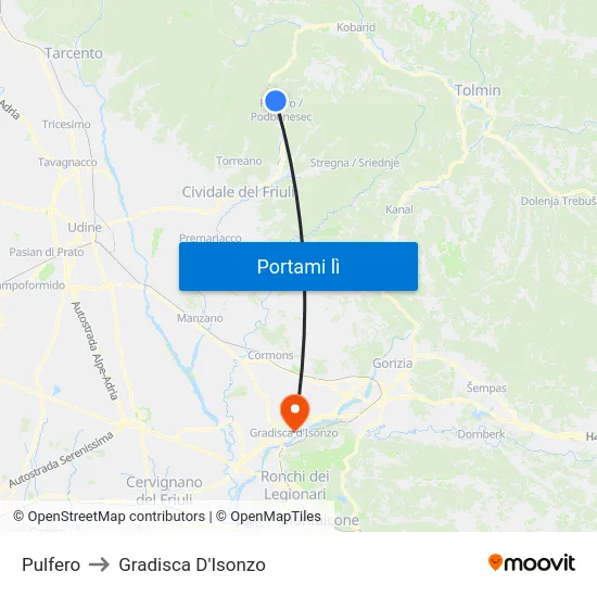 Pulfero to Gradisca D'Isonzo map