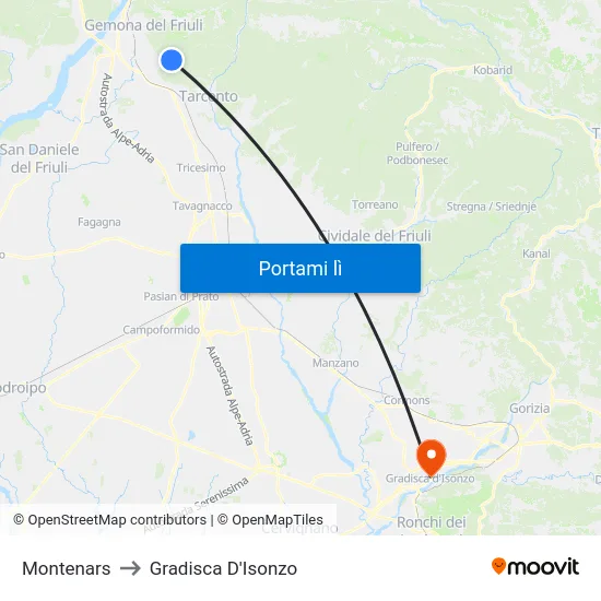 Montenars to Gradisca D'Isonzo map