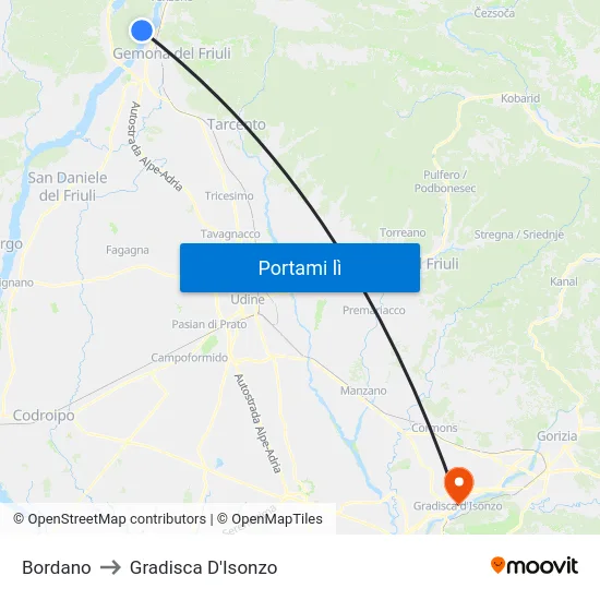Bordano to Gradisca D'Isonzo map