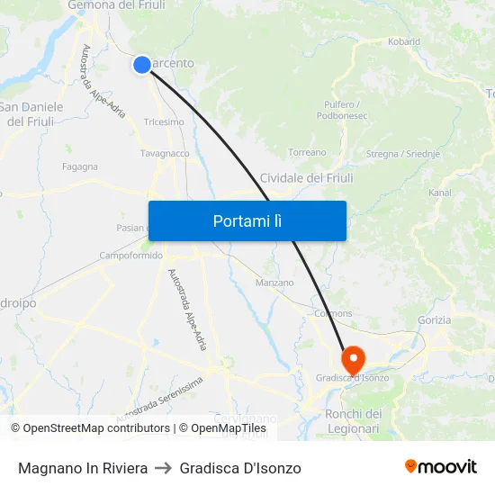 Magnano In Riviera to Gradisca D'Isonzo map