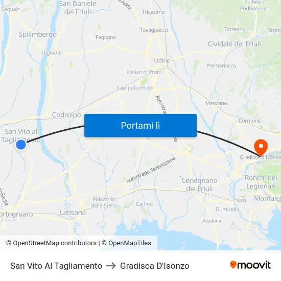 San Vito Al Tagliamento to Gradisca D'Isonzo map