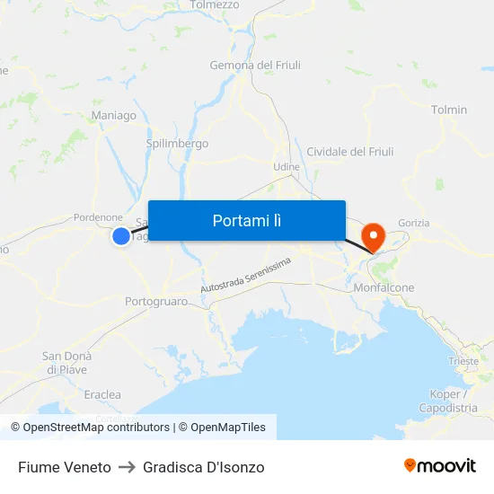 Fiume Veneto to Gradisca D'Isonzo map