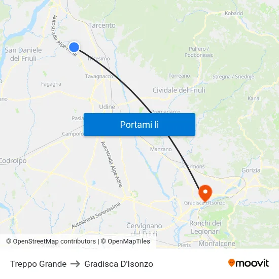 Treppo Grande to Gradisca D'Isonzo map