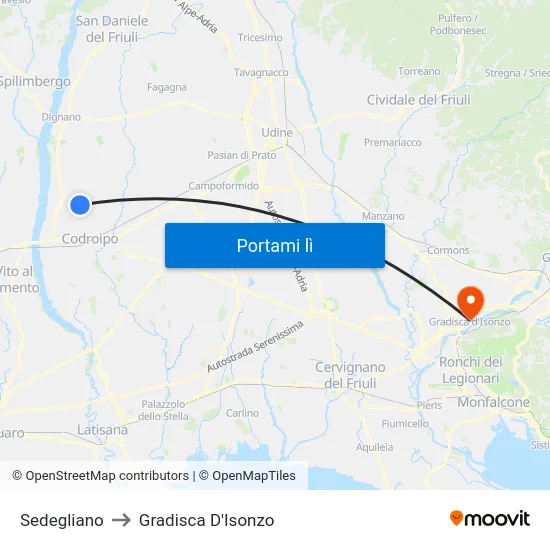 Sedegliano to Gradisca D'Isonzo map