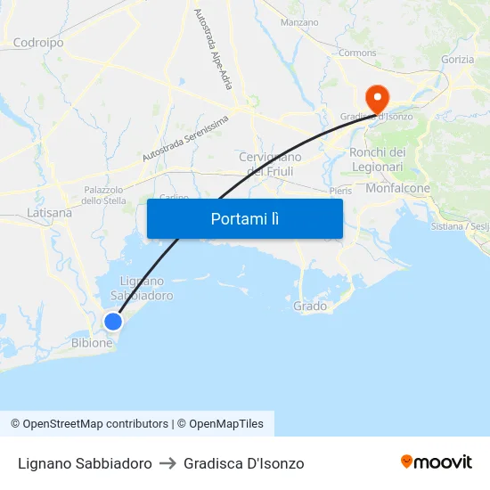 Lignano Sabbiadoro to Gradisca D'Isonzo map