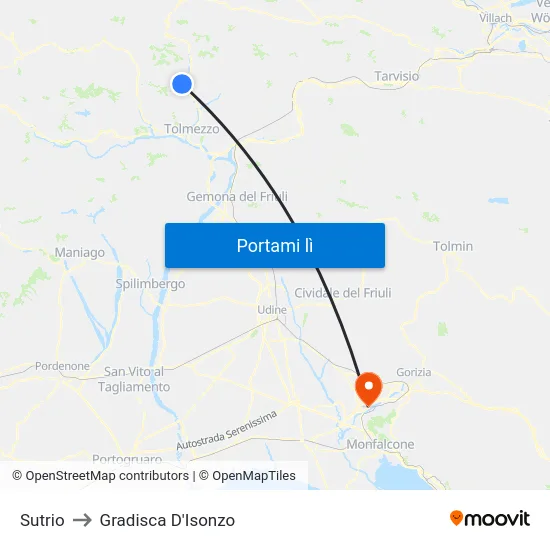 Sutrio to Gradisca D'Isonzo map