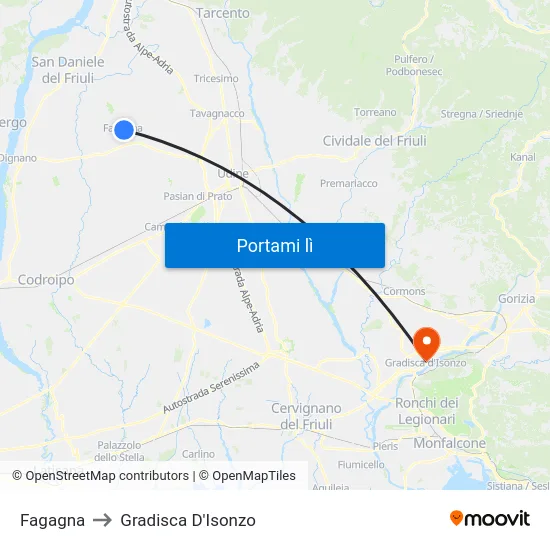 Fagagna to Gradisca D'Isonzo map