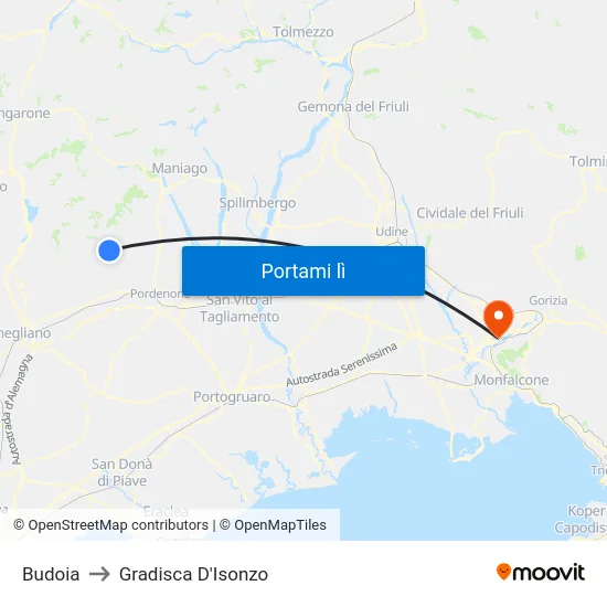 Budoia to Gradisca D'Isonzo map