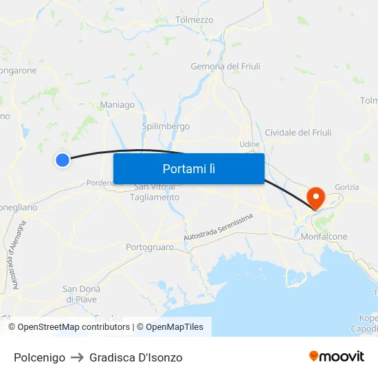 Polcenigo to Gradisca D'Isonzo map