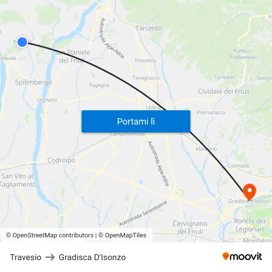 Travesio to Gradisca D'Isonzo map