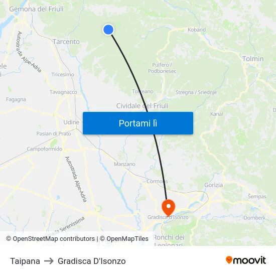 Taipana to Gradisca D'Isonzo map