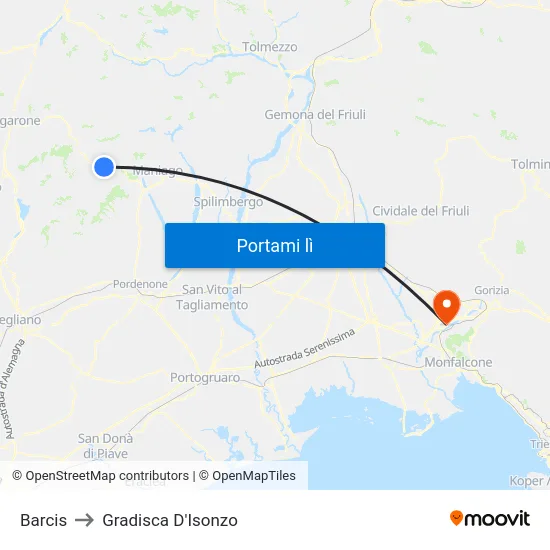 Barcis to Gradisca D'Isonzo map
